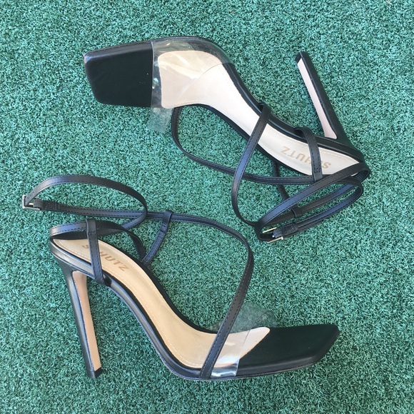 Schutz Aisha Women's High Heel Sandals - Vinyl & Leather Strap Stilettos With Buckle (4.4 Inch Heel)